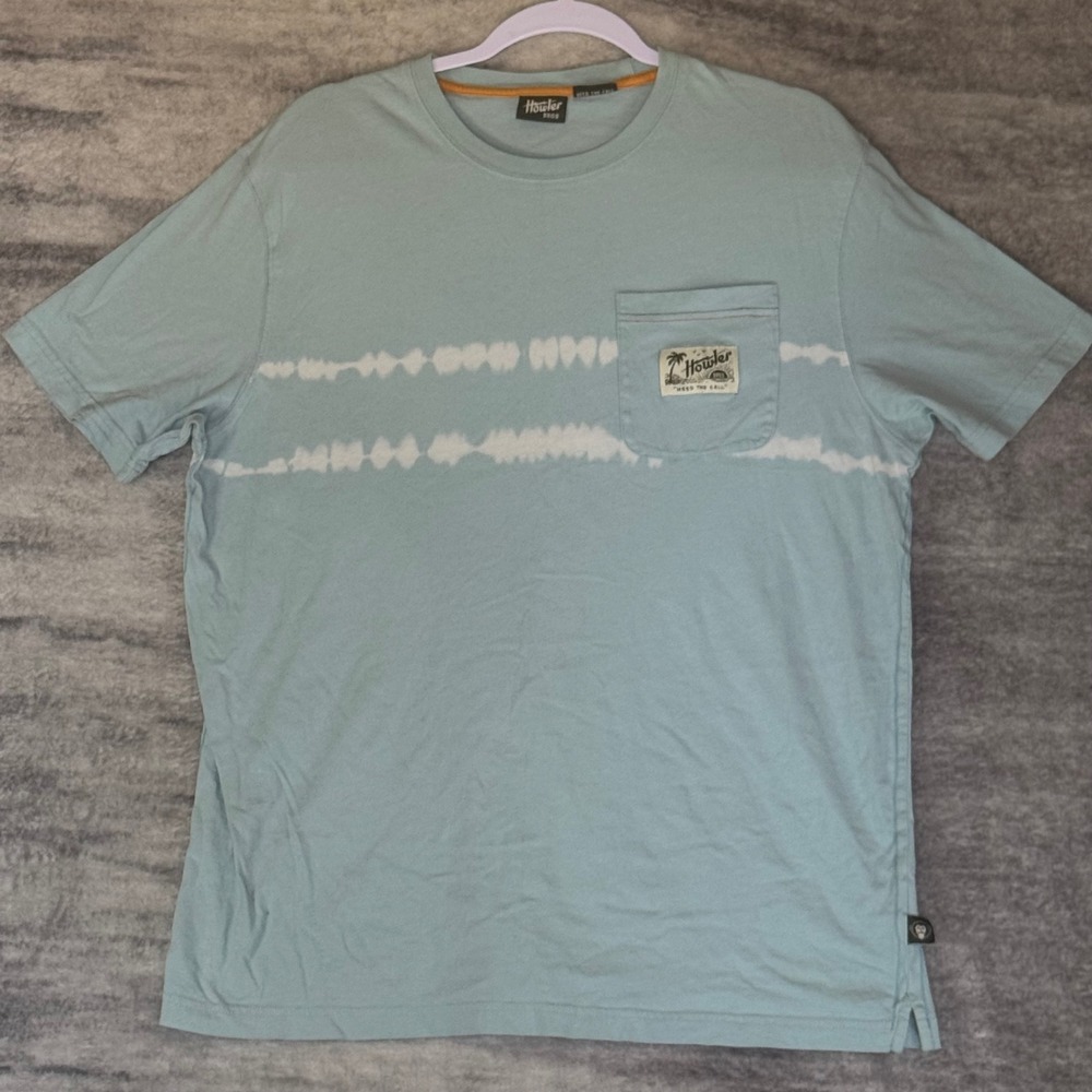 Howler Bros Mens Large Light Blue Tie Dye Stripe Pocket T-Shirt Cotton Tee